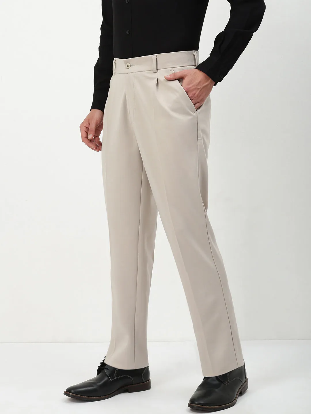 Men's Beige Solid Formal Trousers Soft and Cozy