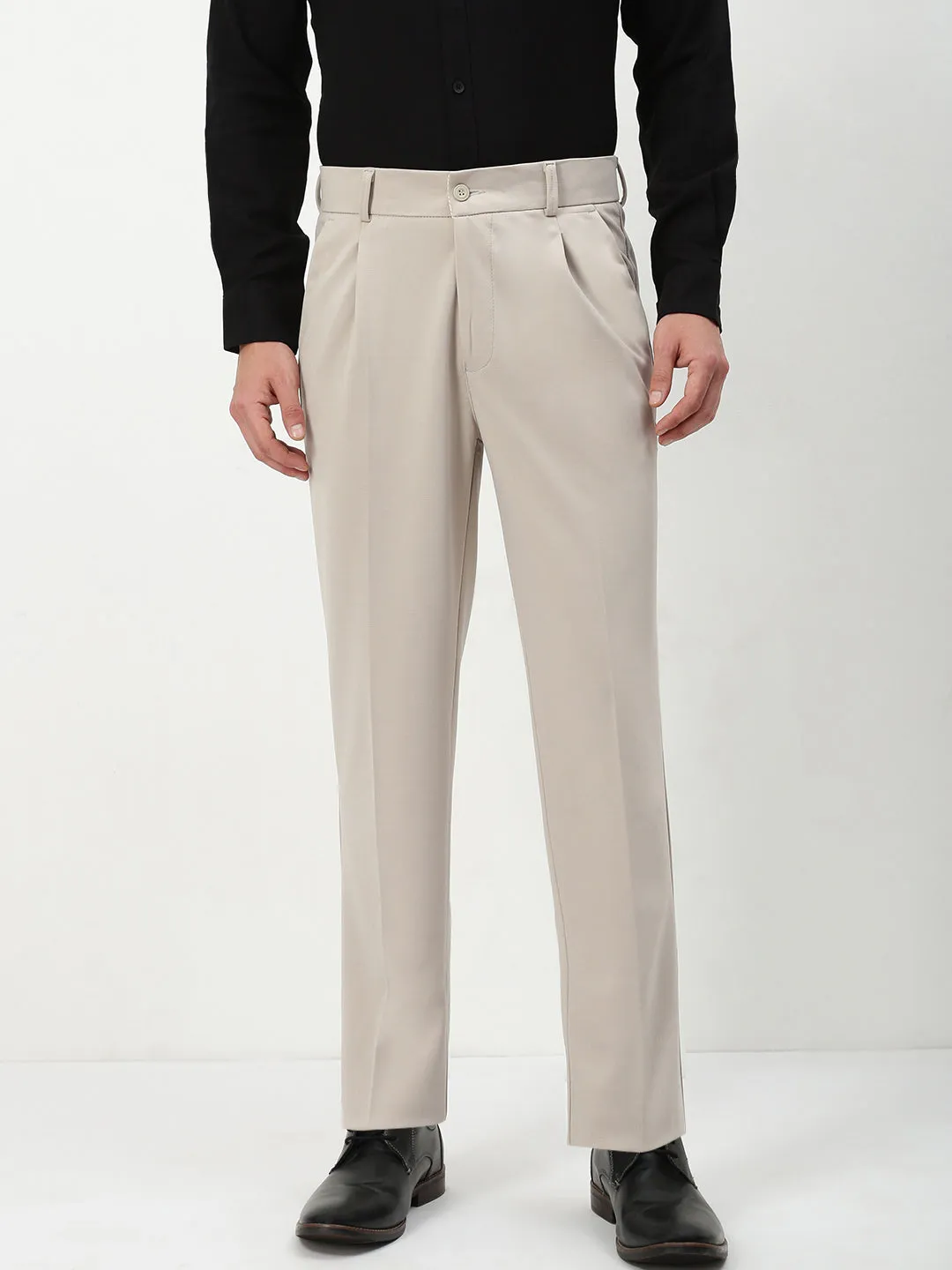Men's Beige Solid Formal Trousers CompressionFitFabric