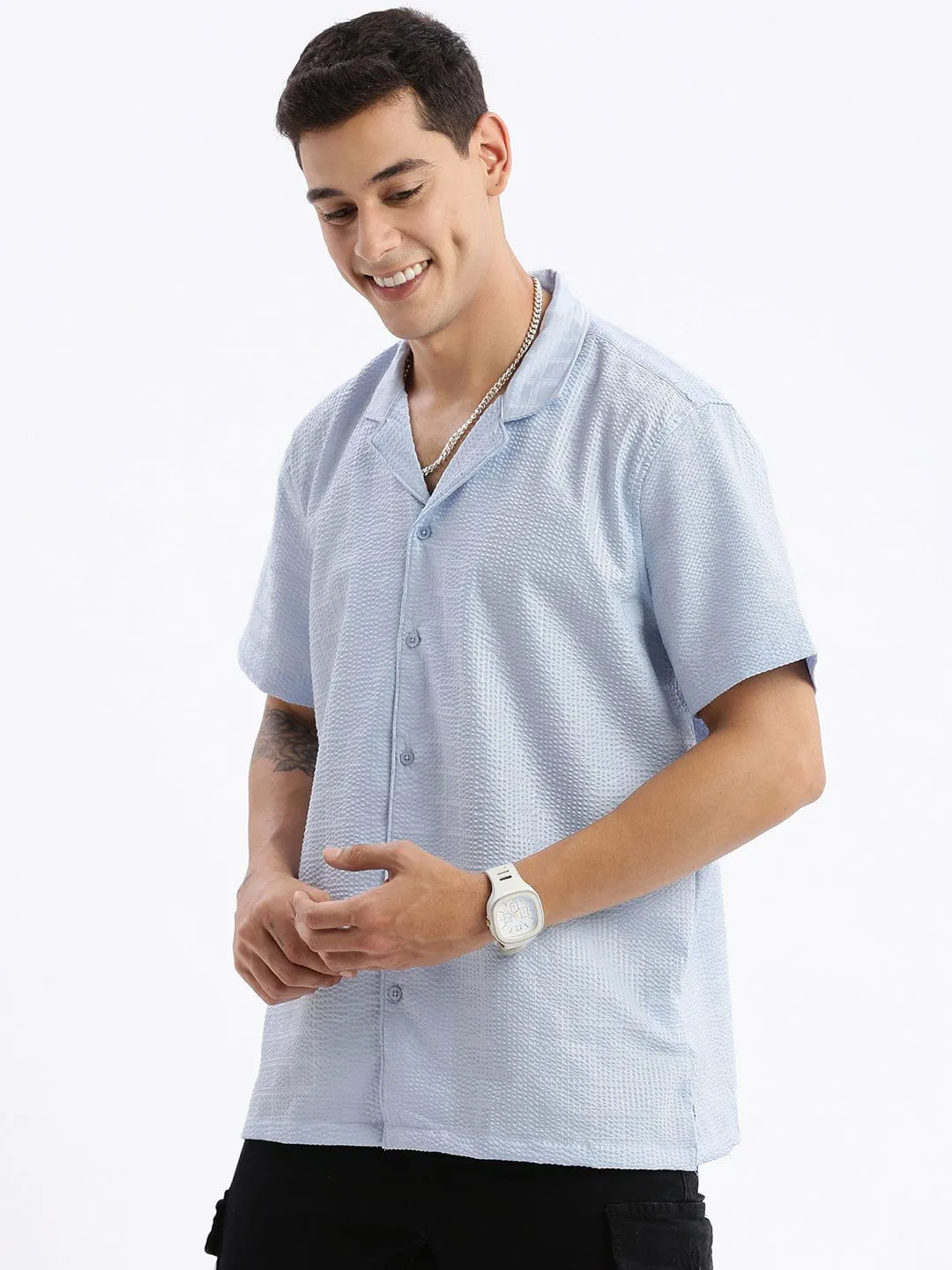 Breathable knit Men's Cuban Collar Solid Relaxed Fit Blue Cotton Shirt