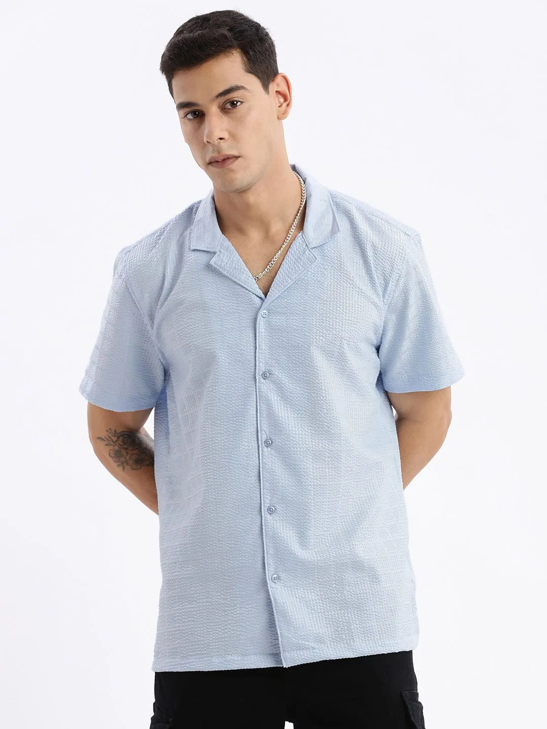 Men's Cuban Collar Solid Relaxed Fit Blue Cotton Shirt Next Core