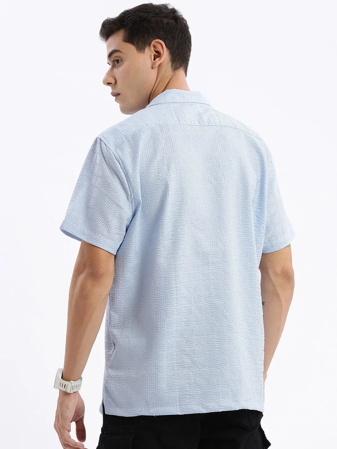 Sustainable Wear Men's Cuban Collar Solid Relaxed Fit Blue Cotton Shirt