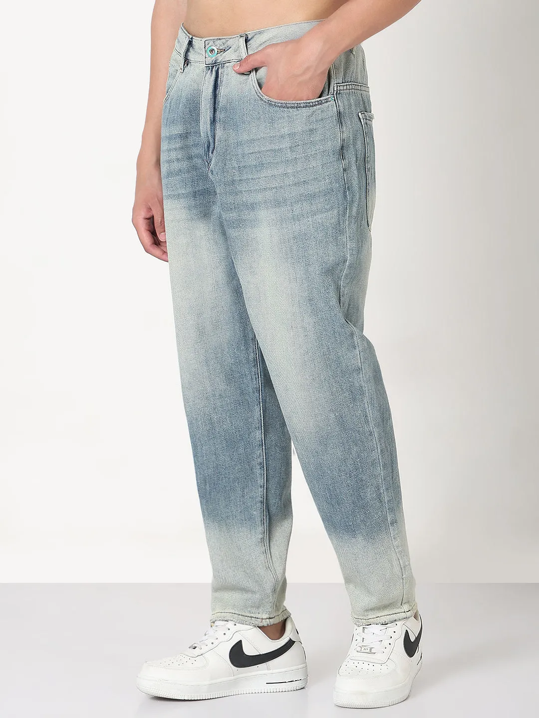 Men's Blue Washed Straight Fit Jeans Universal Fit Design Casual Friday Classic