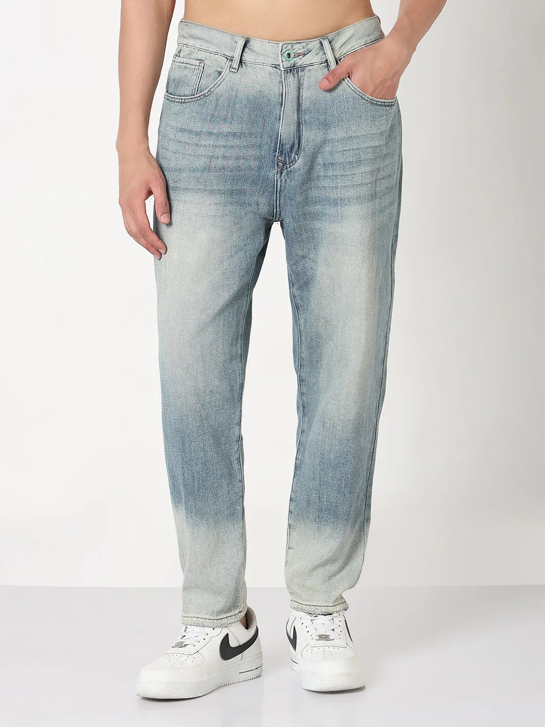 Comfortable Waistband Men's Blue Washed Straight Fit Jeans