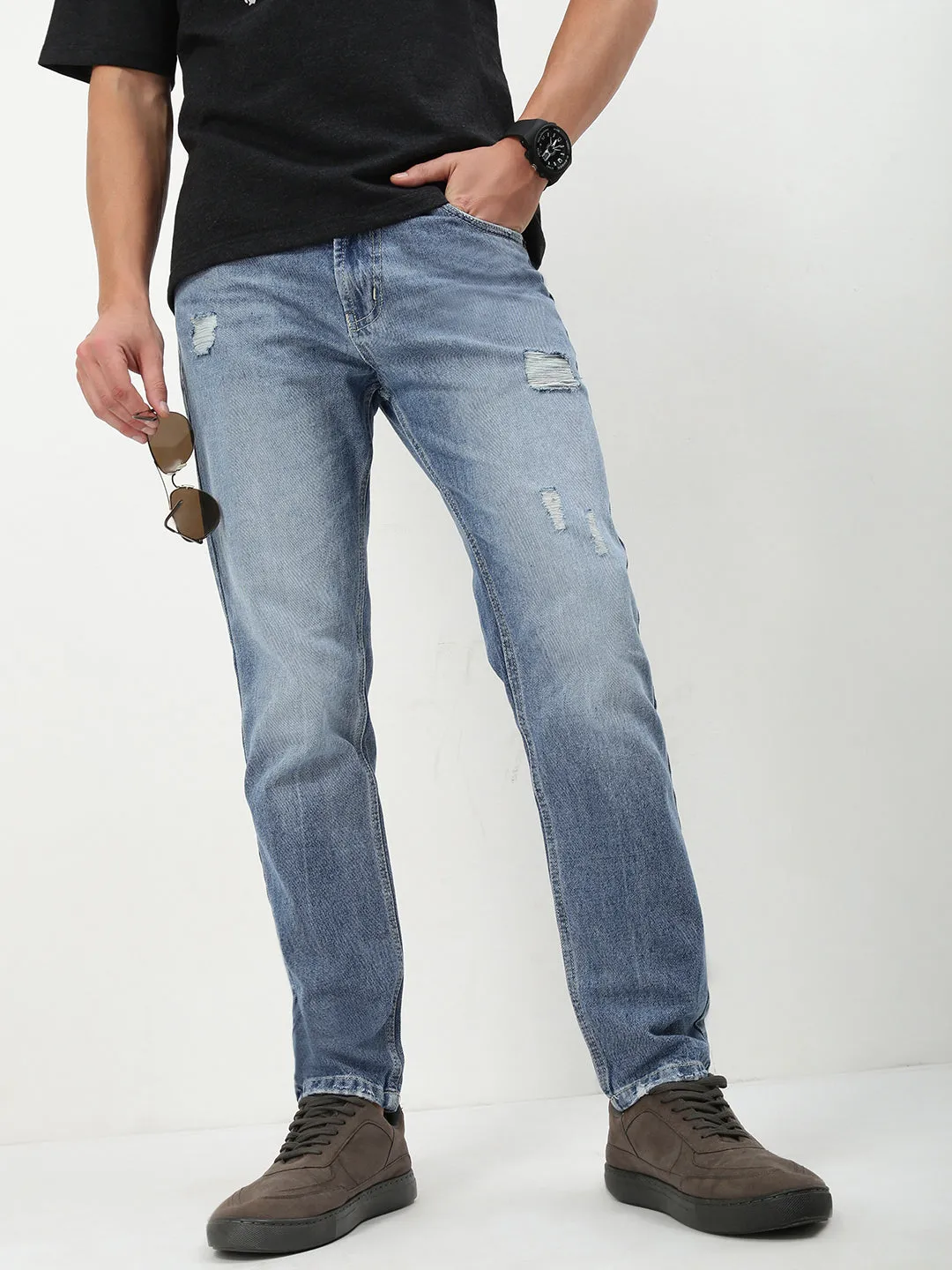 Men's Blue Solid Straight Fit Jeans Affordable Neutral Holiday Vibes Style Essential