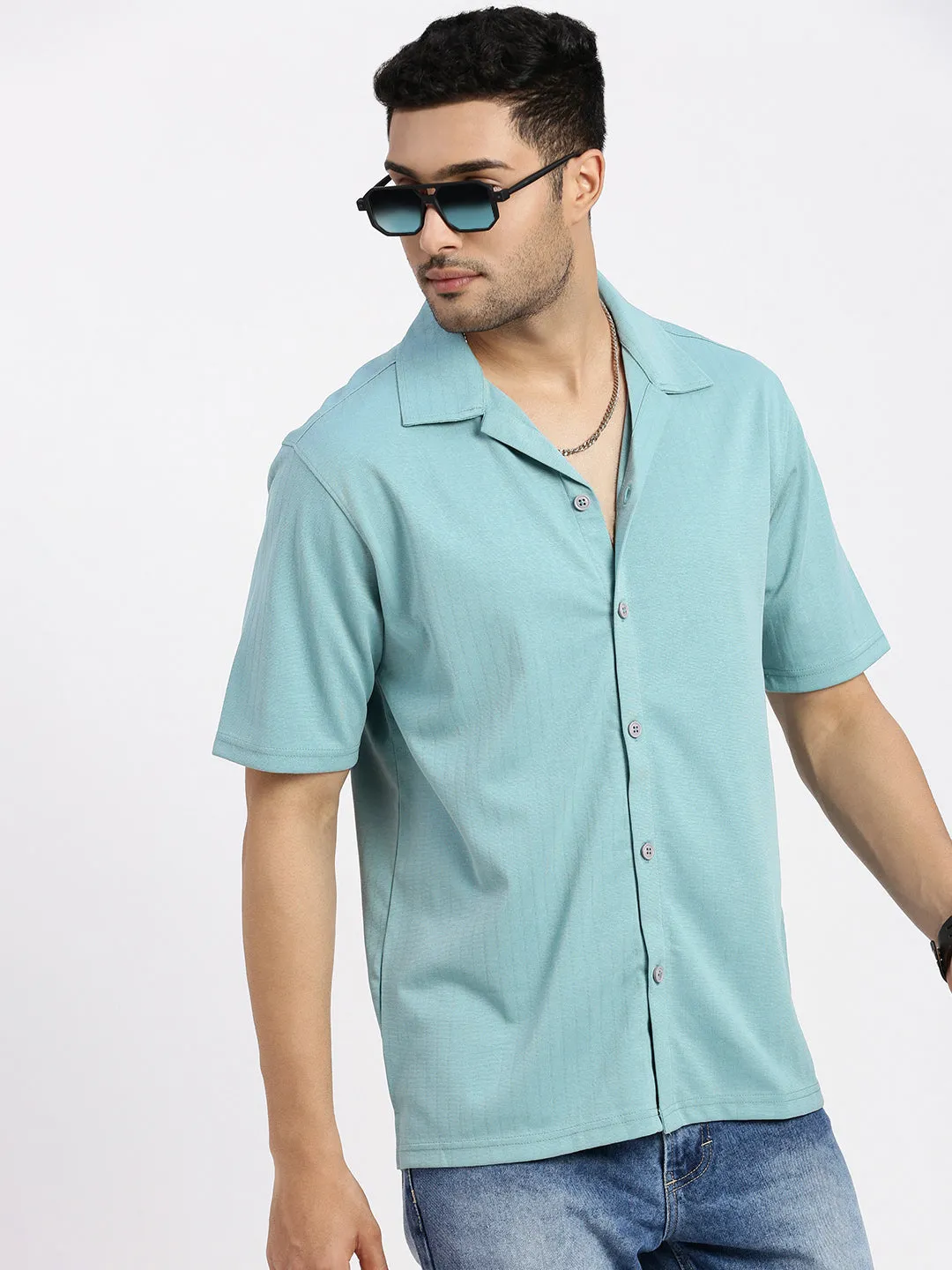 Men's Sea Green Cuban Collar Solid Shirt Casual Day