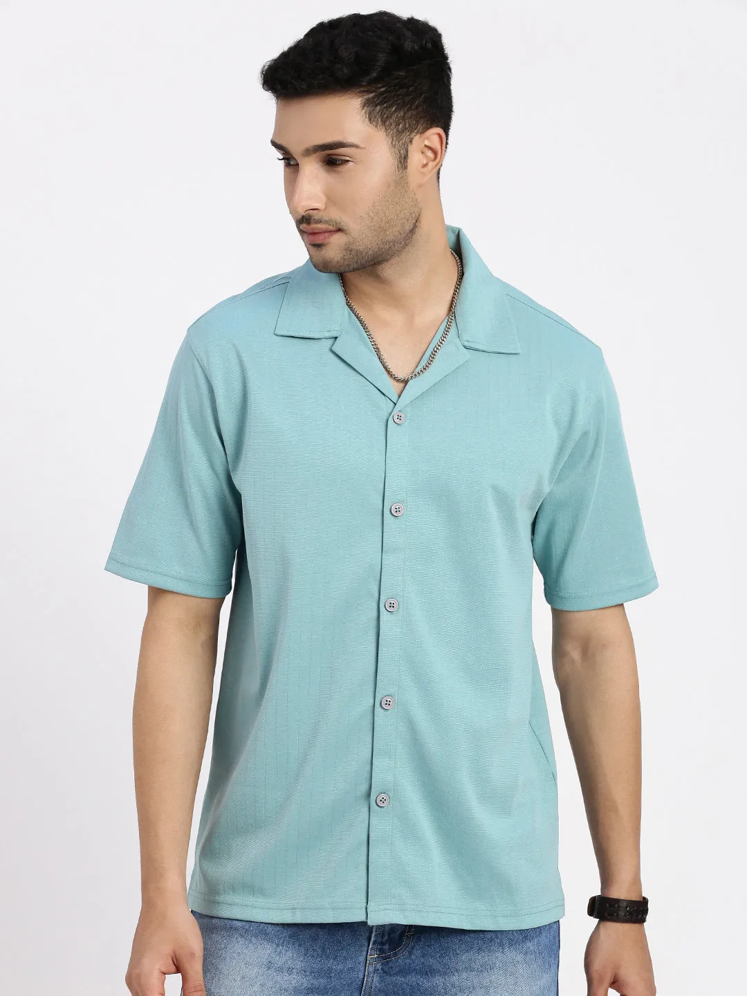 Men's Sea Green Cuban Collar Solid Shirt QuickDrying Material Spirit Glow