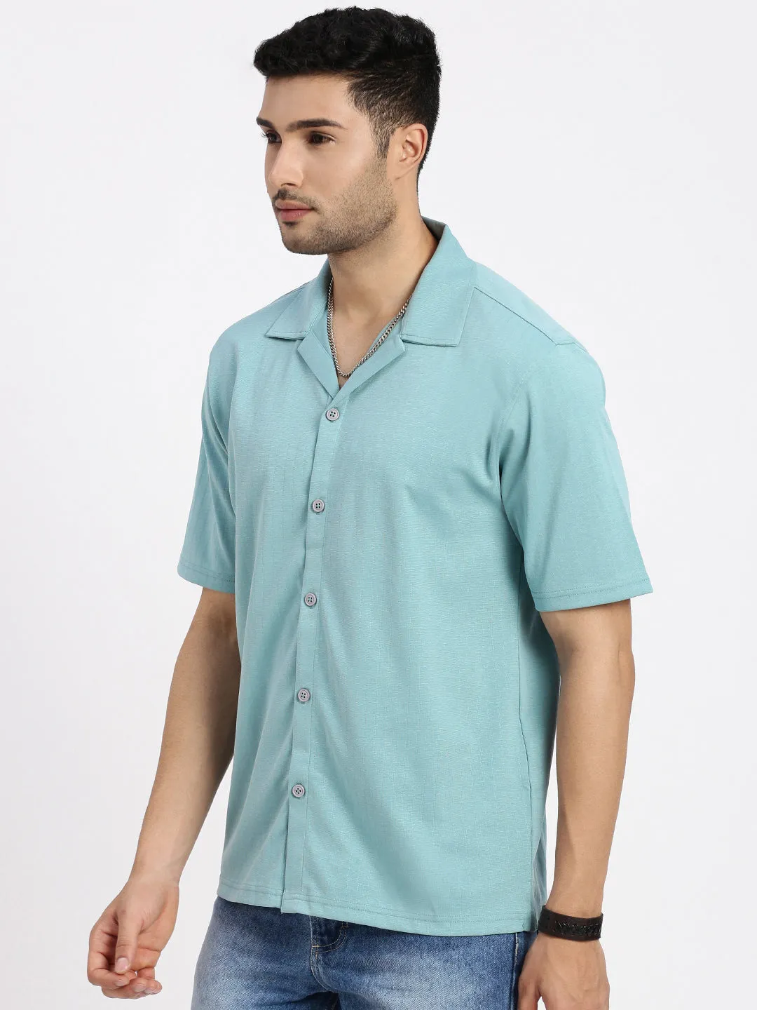 casual fun UVProtectionCloth Men's Sea Green Cuban Collar Solid Shirt
