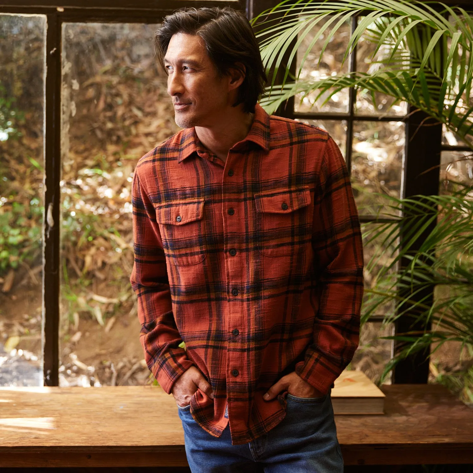 Outdoor Trend Look Vintage Slub Twill Shirt - Red Spice Black *