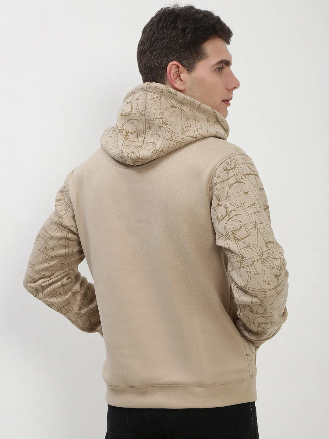 Men's Beige Typography Hooded Pullover Sweatshirt Sporty Style tropical print