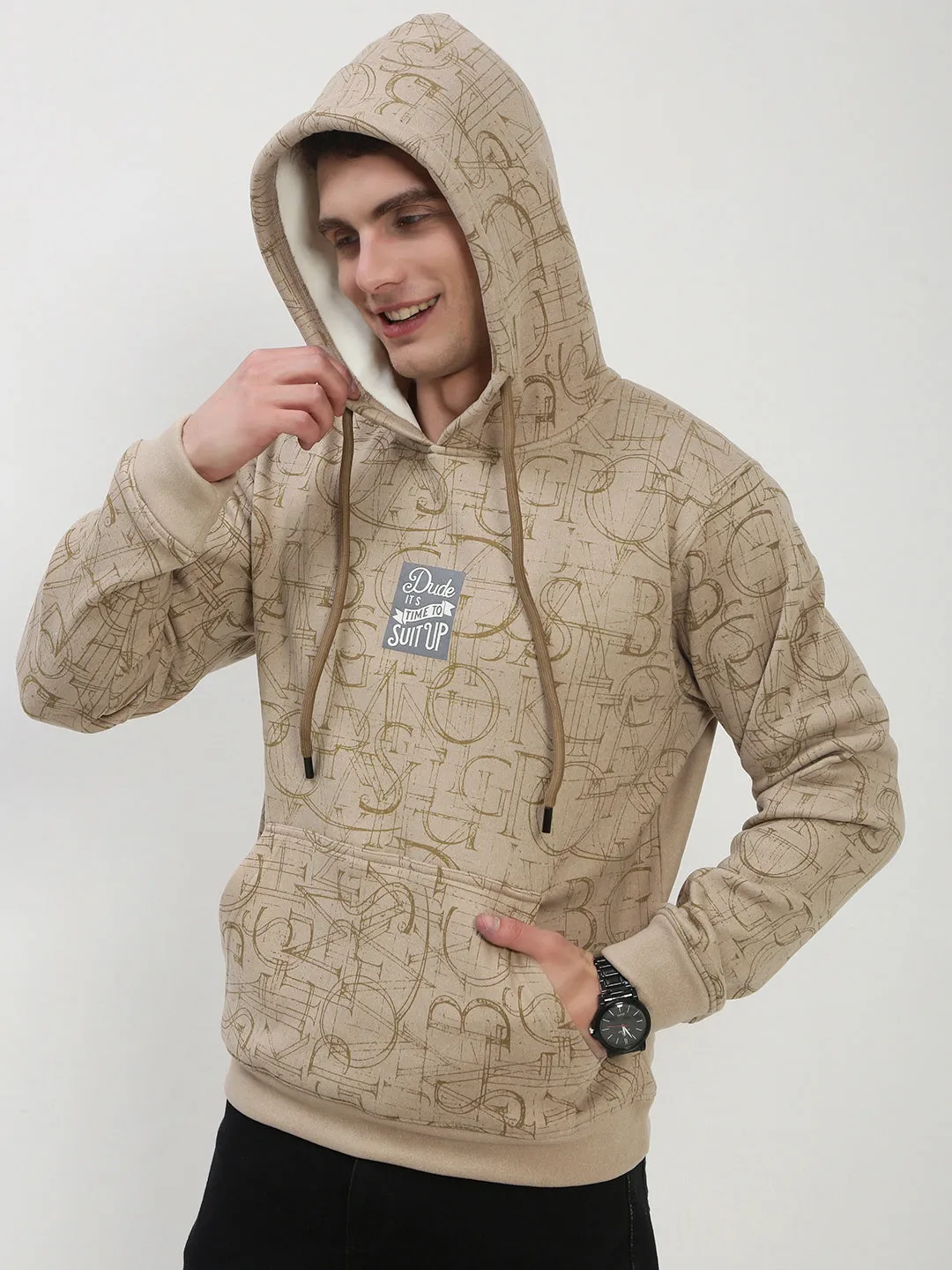 Men's Beige Typography Hooded Pullover Sweatshirt Seasonal Collection Chic Hoodie