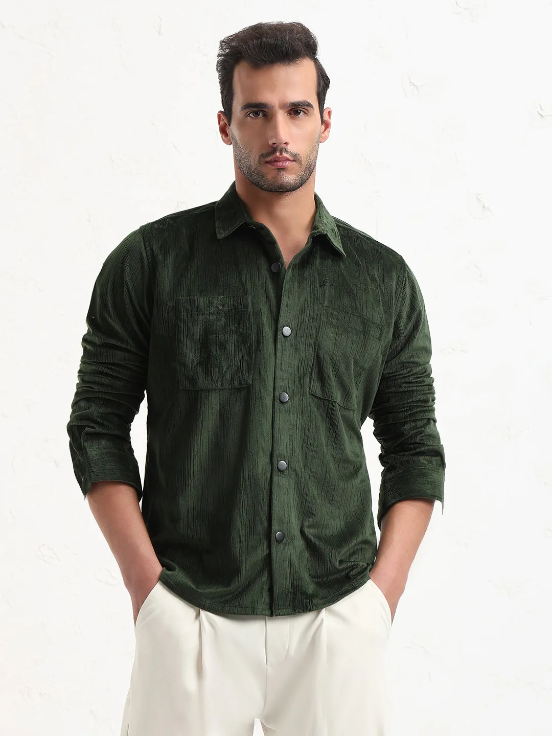 Stylish Protection Cozy Pajama Pants Men's Green Solid Slim Fit Shacket