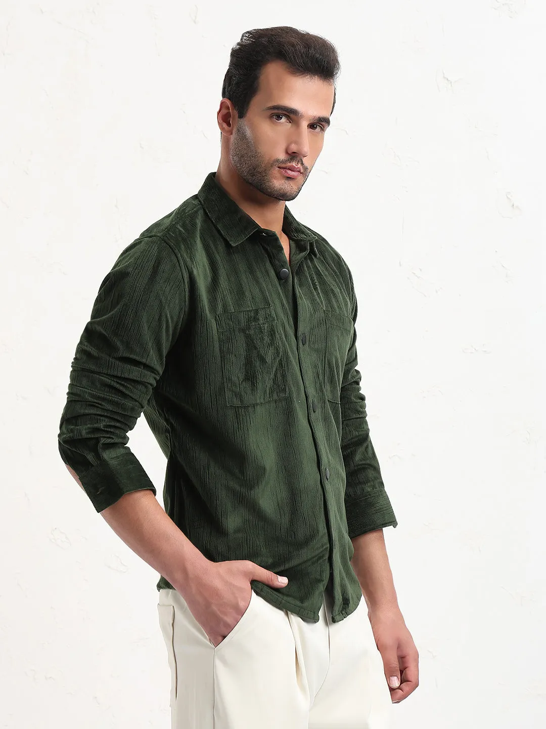 Men's Green Solid Slim Fit Shacket Athletic Apparel Insulated Jacket