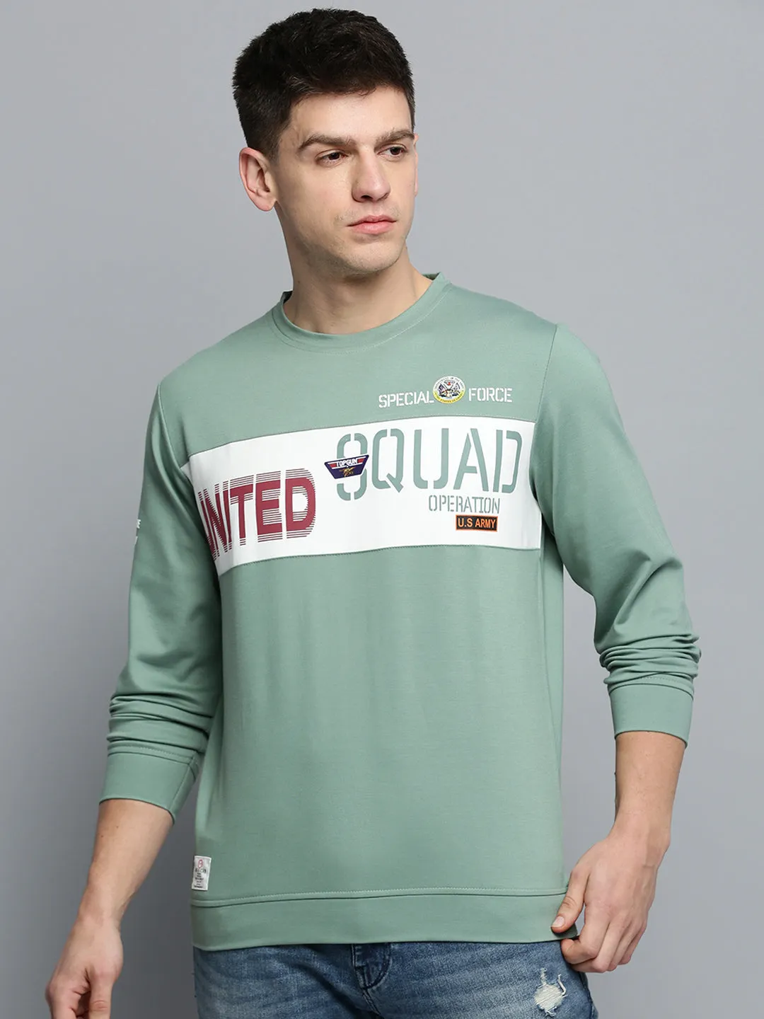 Men's Sea Green Typography Printed Pullover Sweatshirt product label information