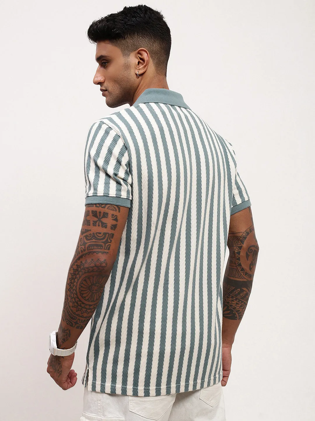 packable Men's Blue Striped Polo Collar T-Shirt