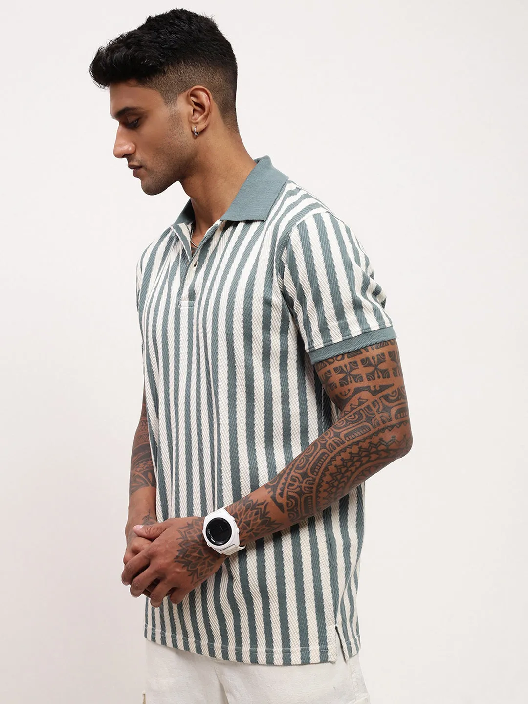 Brunch Outfit Warm Outfit Men's Blue Striped Polo Collar T-Shirt