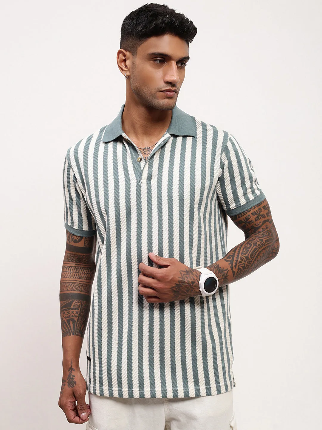 Men's Blue Striped Polo Collar T-Shirt Spring Wear Sporty Comfort