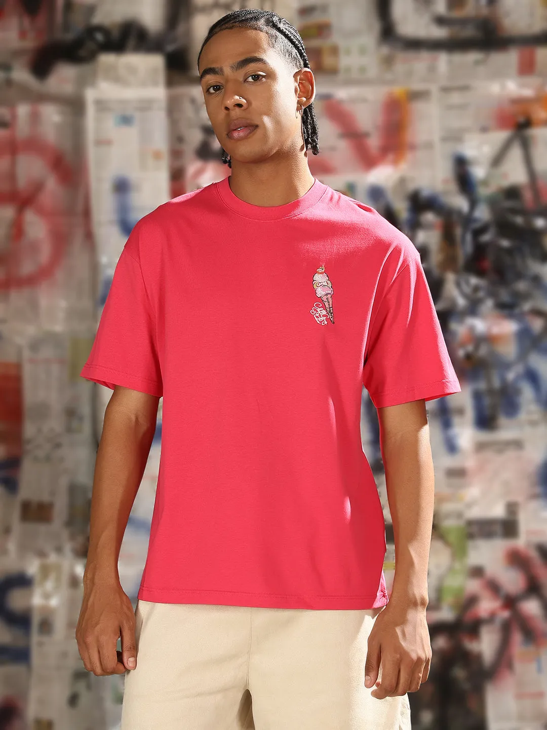 Stylish accessories Men's Casual Pink Graphic printed Relaxed Fit T-Shirt