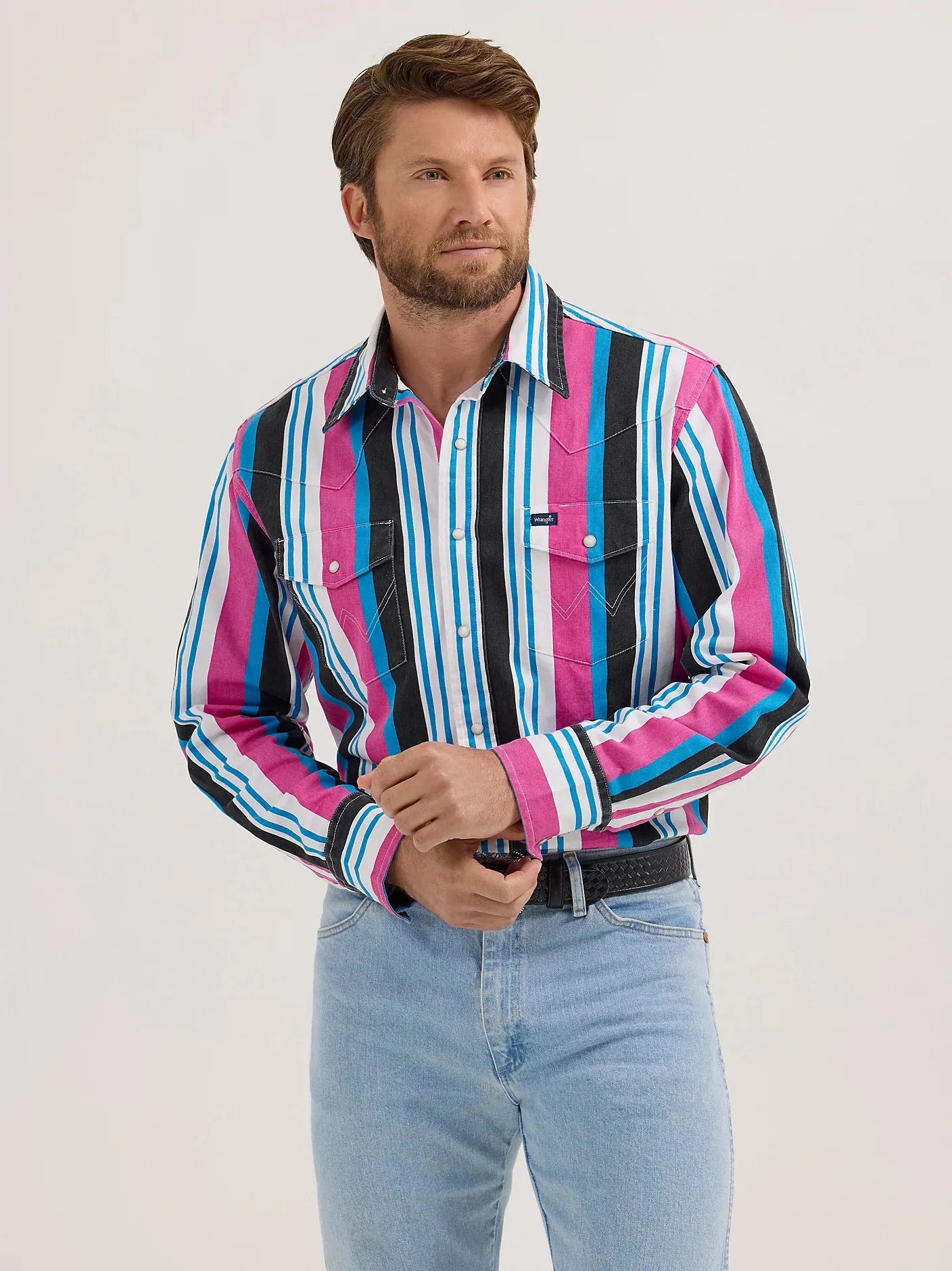 Comfy Apparel Easy Wear Wrangler Men's L/S Vintage Inspired Brushpopper Western Snap Work Shirt in Pink Mix