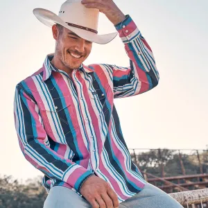 Curved Hemline Sporty Top Wrangler Men's L/S Vintage Inspired Brushpopper Western Snap Work Shirt in Pink Mix