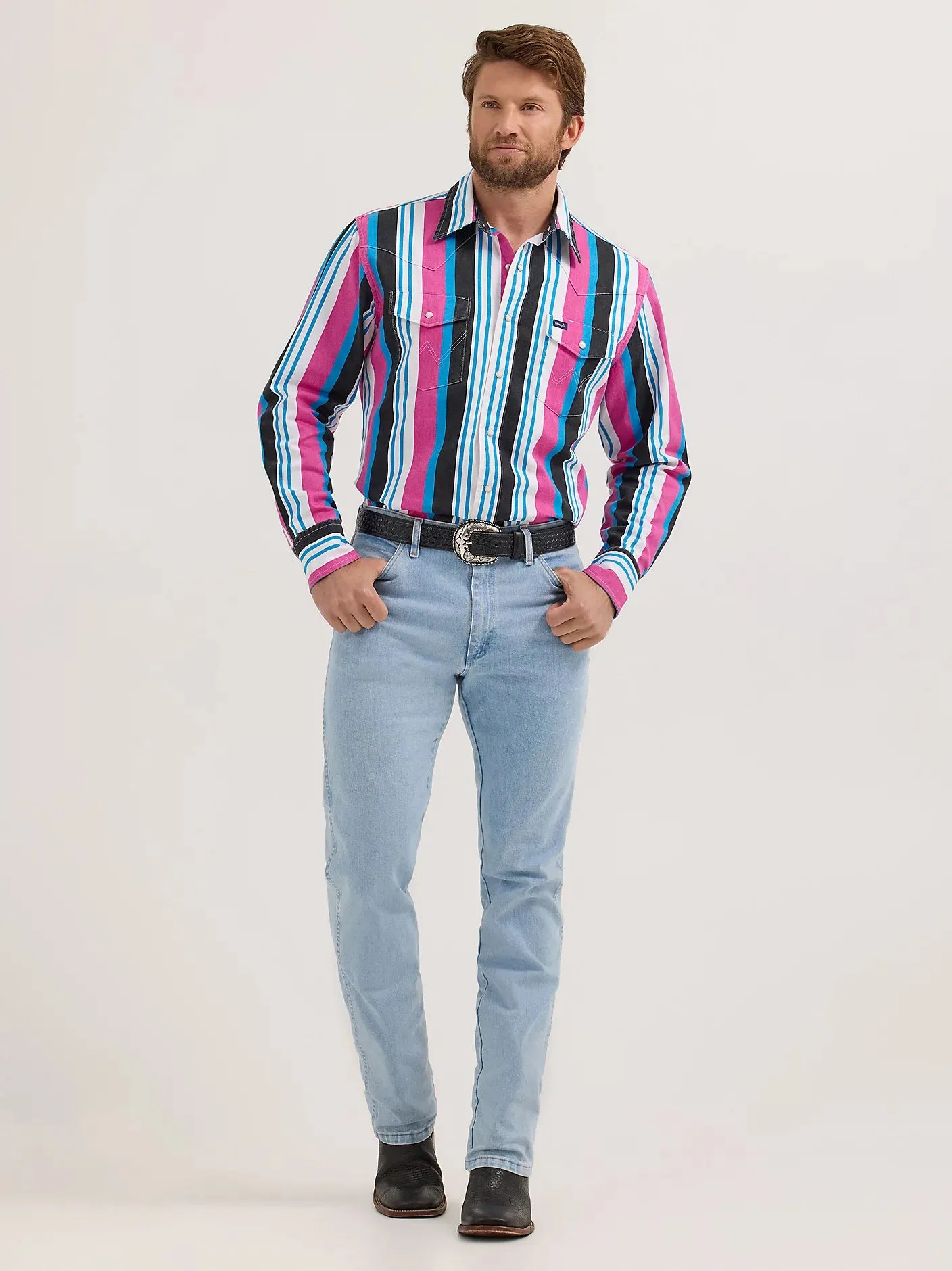 Wrangler Men's L/S Vintage Inspired Brushpopper Western Snap Work Shirt in Pink Mix HighThreadCount