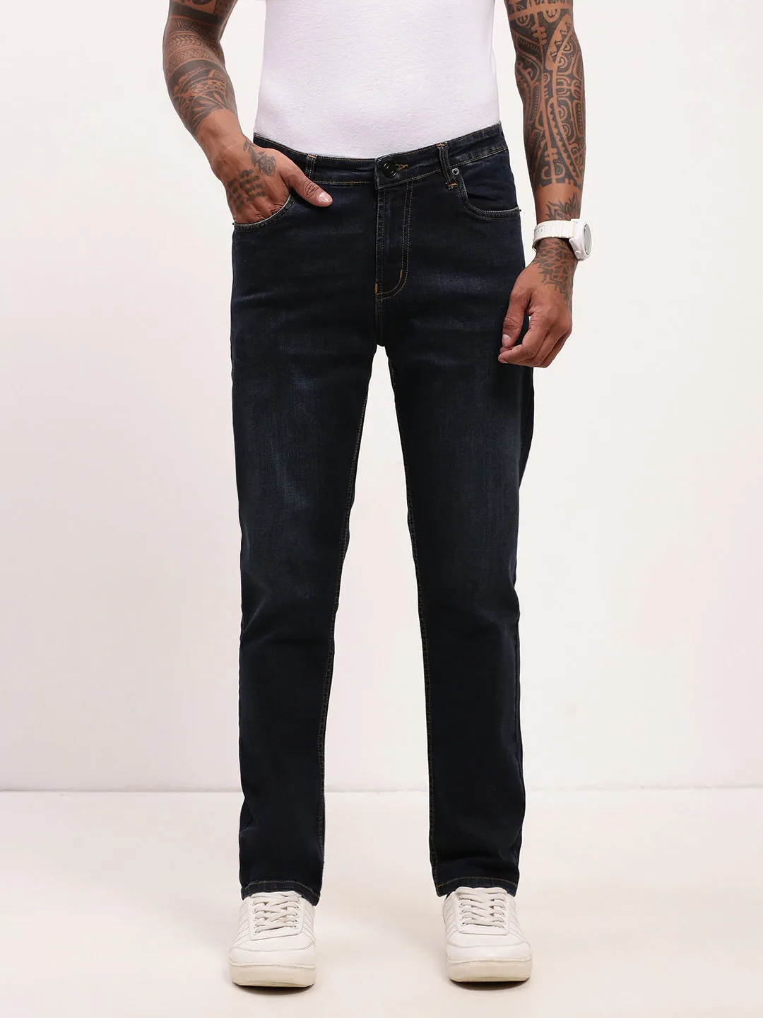 Men's Navy Blue Comfort Straight Fit Low-Rise Acid Wash Jeans Home Comfort Autumn Days Elegant Fashion Lover Outdoor Enthusiast