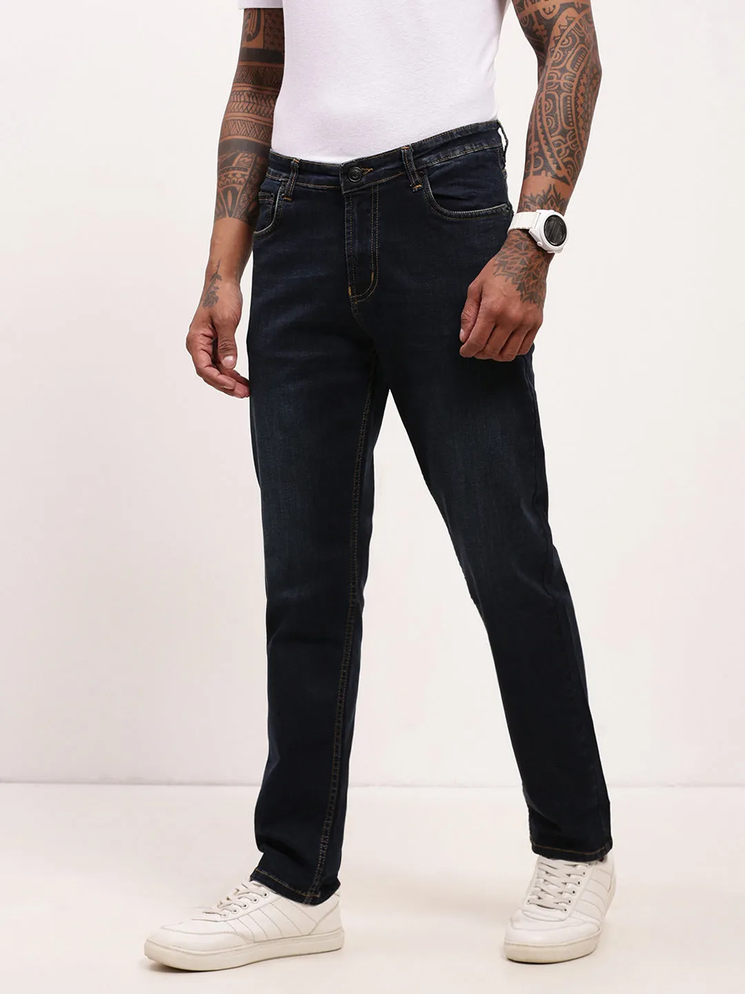 Men's Navy Blue Comfort Straight Fit Low-Rise Acid Wash Jeans Modern Textured Adjustable Belt Loops