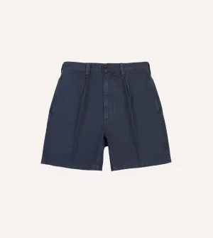 Washed Navy Cotton Twill Single-Pleat Shorts mid-rise Light Weight