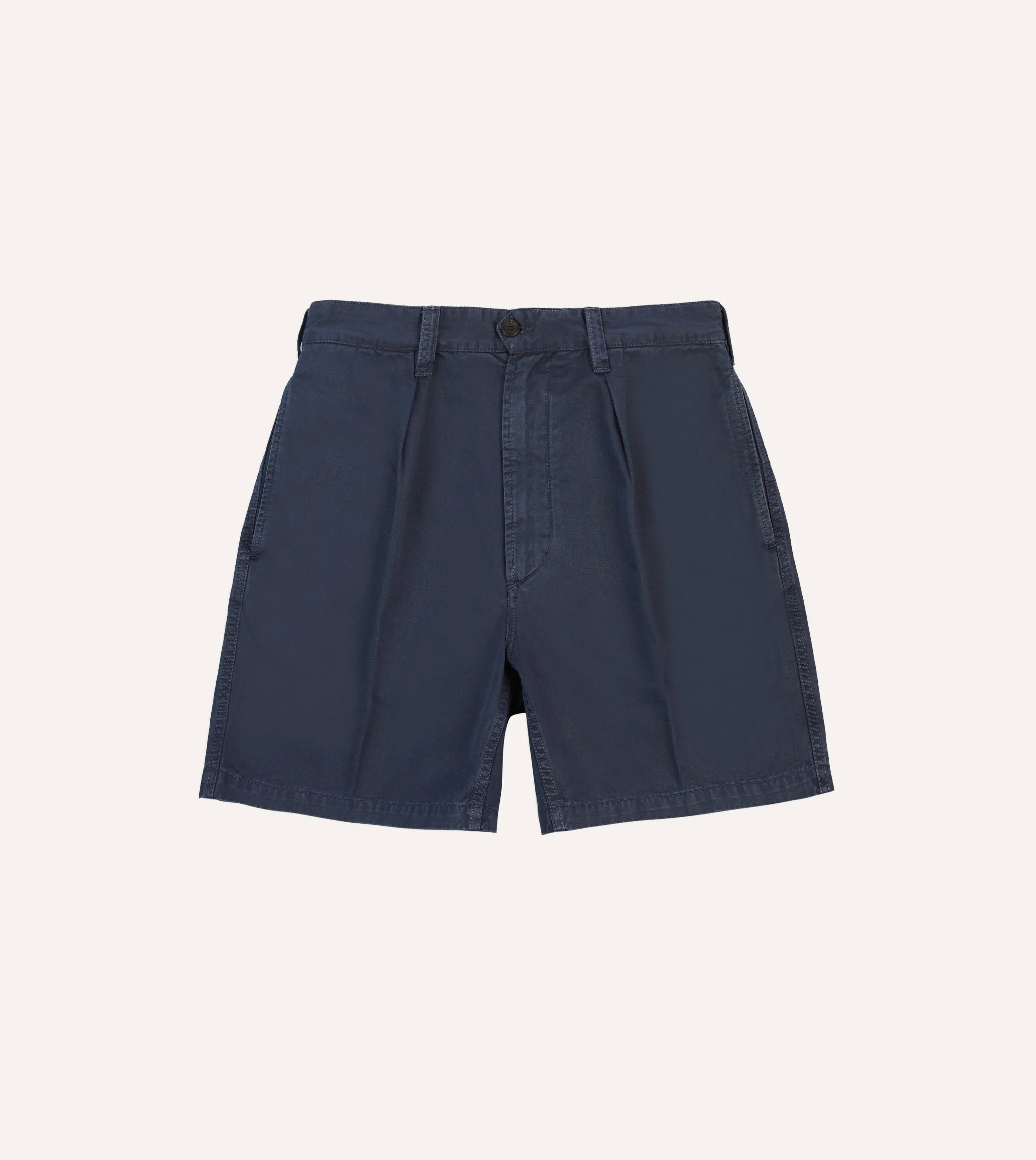 Washed Navy Cotton Twill Single-Pleat Shorts mid-rise Light Weight