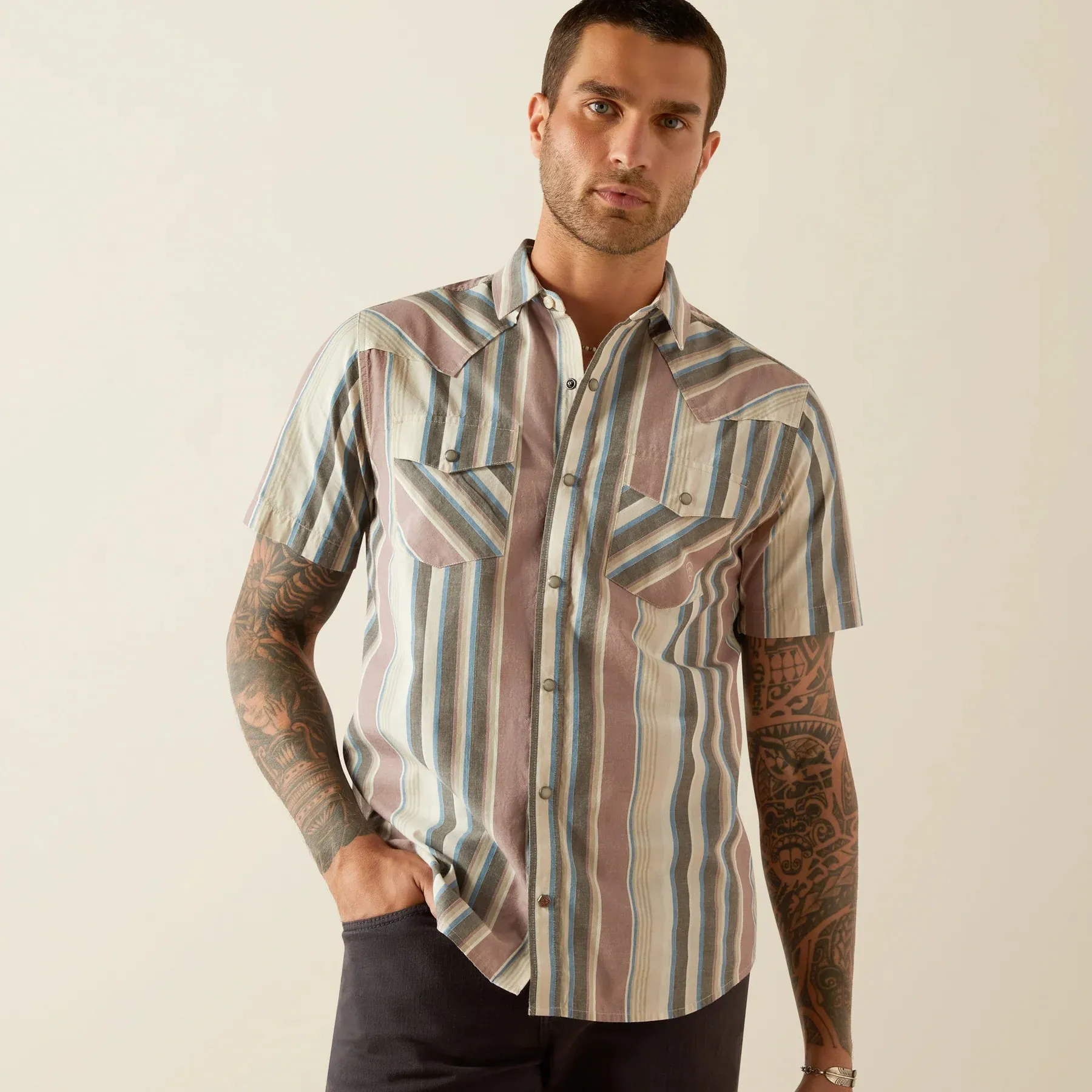 Ariat Men's S/S Southwest Stripe Hughie Retro Fit Western Button Down Shirt in Grey (Available in Tall Sizes) Modern and Soft Smart Casual