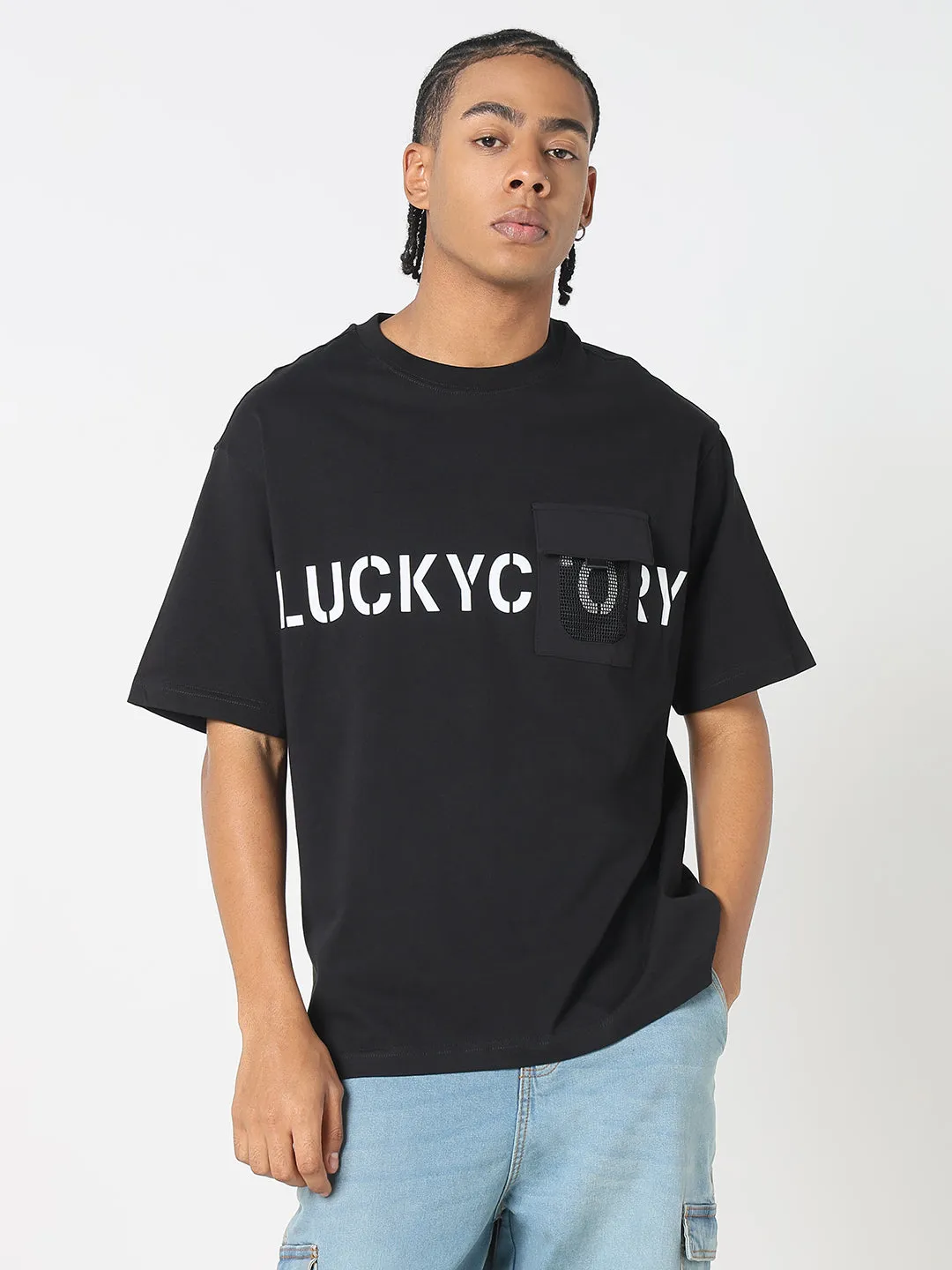 Men's Black Typography Oversized T-Shirt with Chest Pocket Timeless Dress
