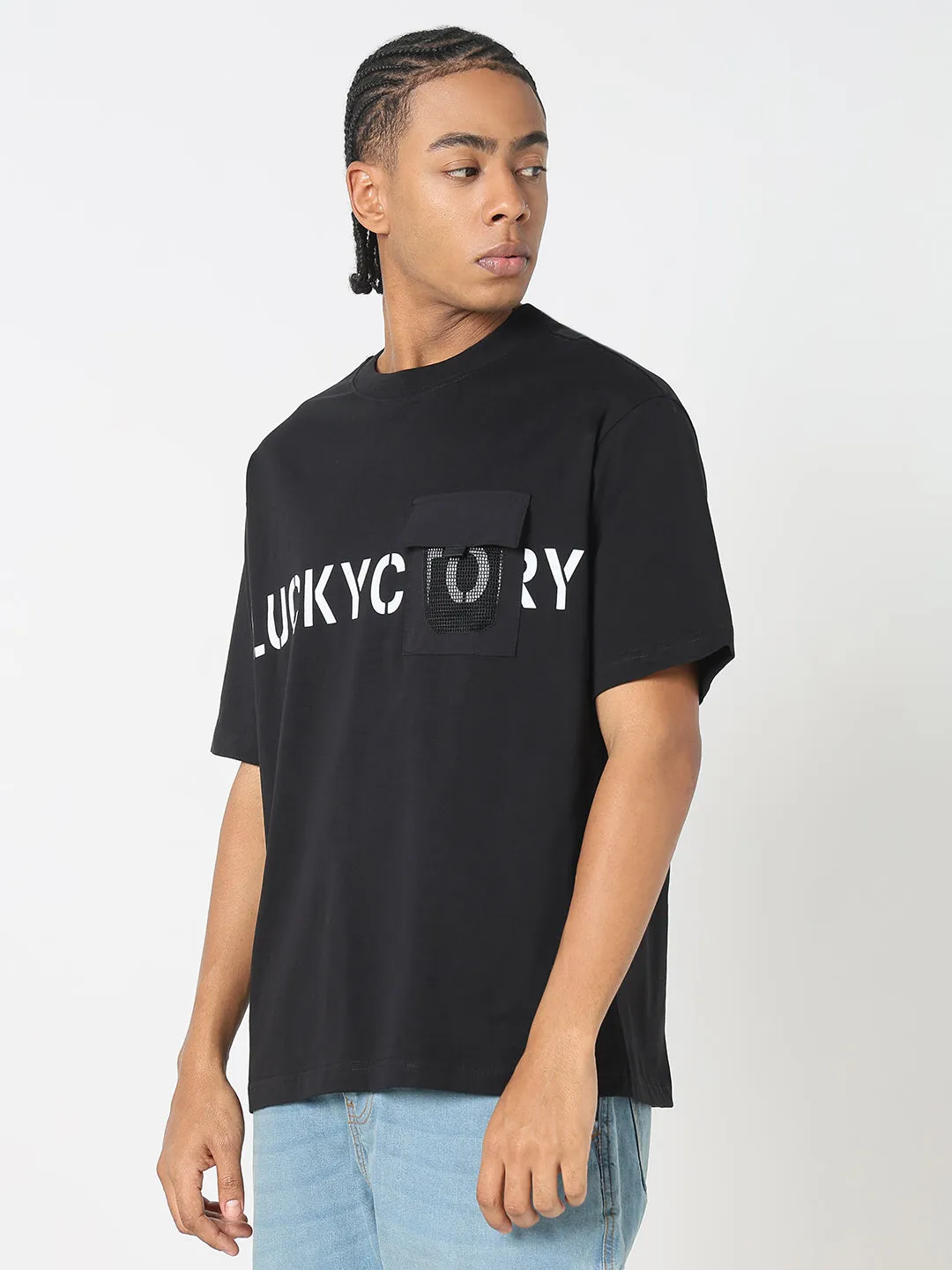 PressureRelief Seams Men's Black Typography Oversized T-Shirt with Chest Pocket