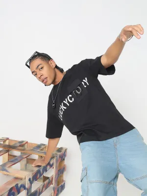 Men's Black Typography Oversized T-Shirt with Chest Pocket Street Icon Fashion Forward