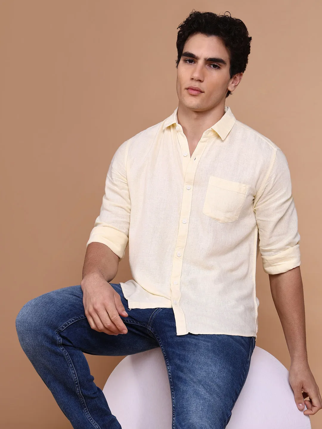 NonRestrictiveFit Men's Yellow Comfort Spread Collar Solid Cotton Casual Shirt