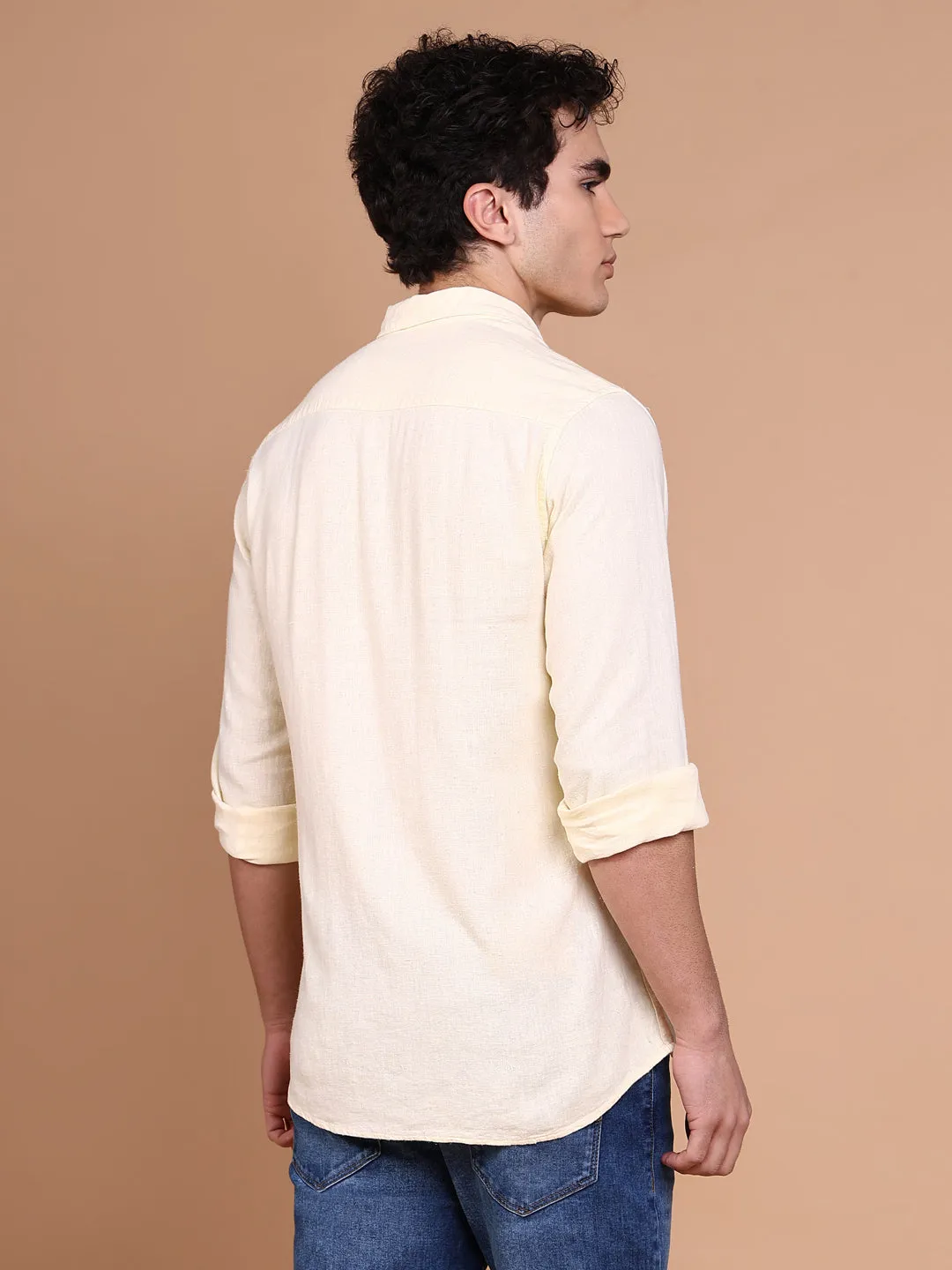 Street Sport Men's Yellow Comfort Spread Collar Solid Cotton Casual Shirt