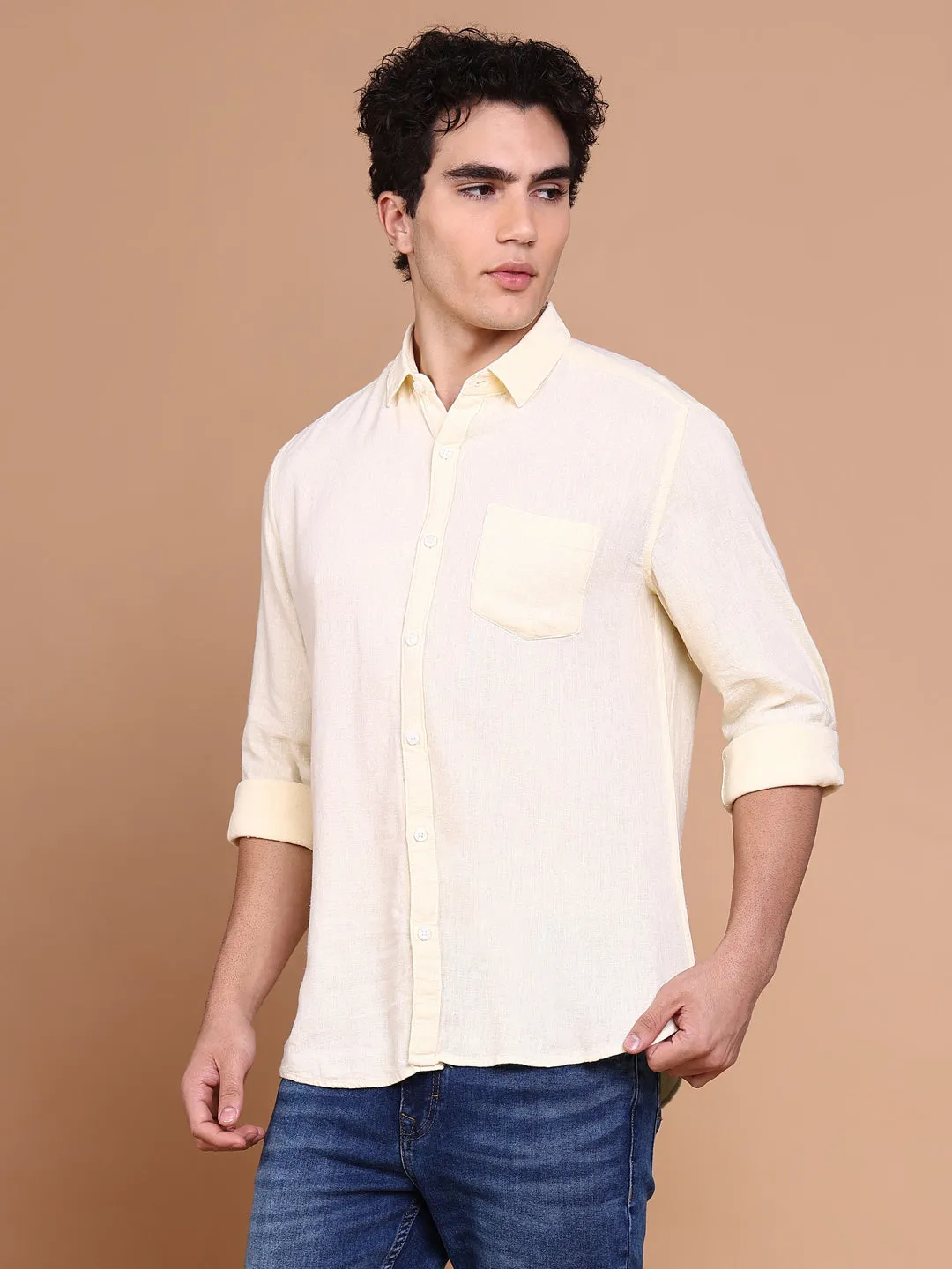 Bride Side Hero Glow Men's Yellow Comfort Spread Collar Solid Cotton Casual Shirt