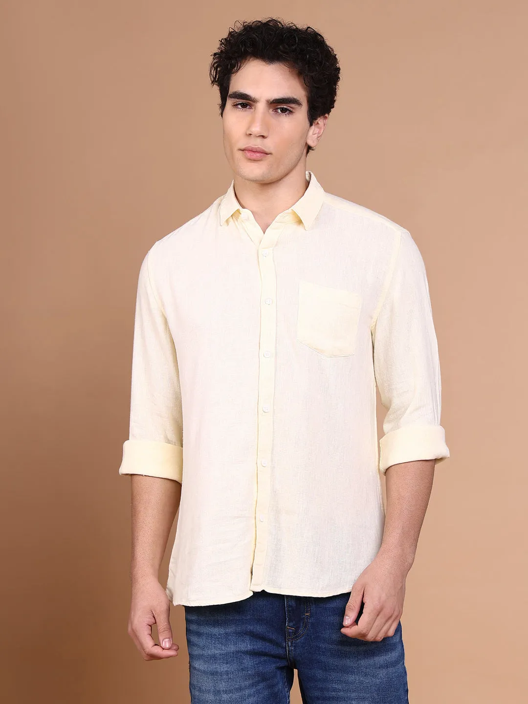 Men's Yellow Comfort Spread Collar Solid Cotton Casual Shirt Active Look