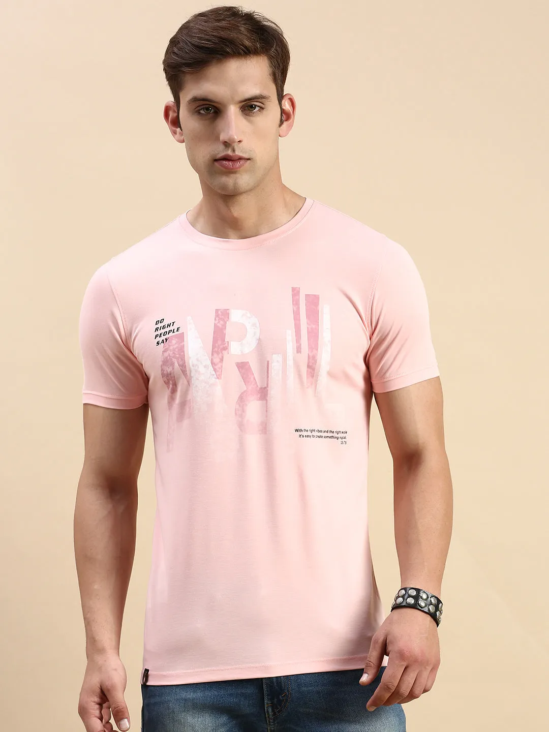 Men's Pink Typography Printed Slim Fit T-shirt Bright Hue