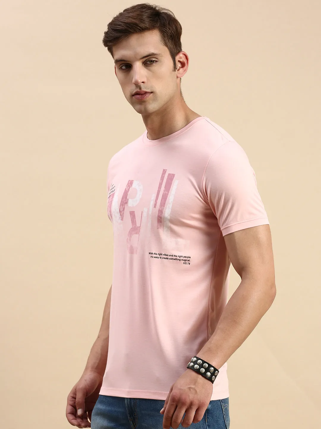 Men's Pink Typography Printed Slim Fit T-shirt Sustainable