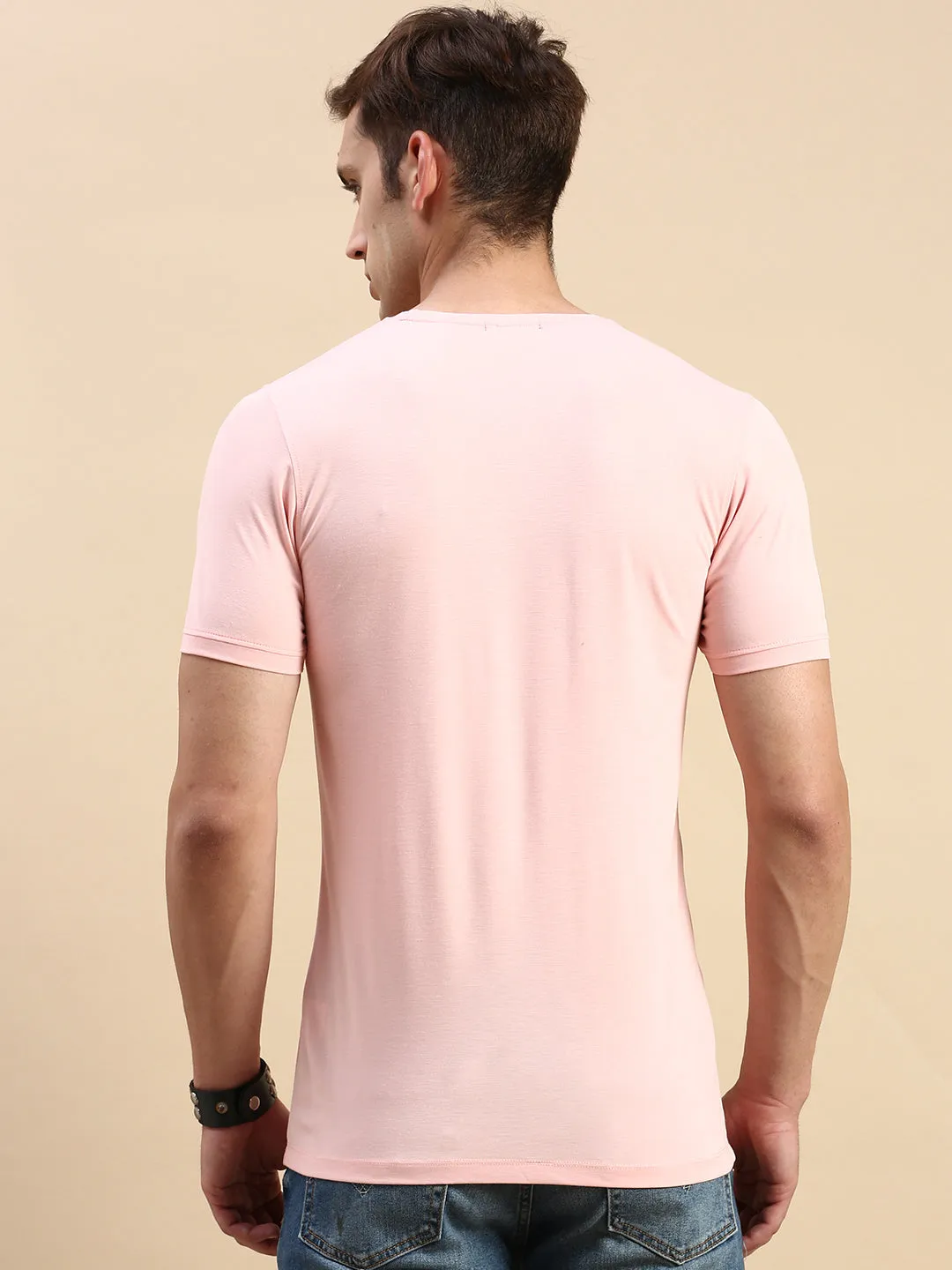 product bead charm Men's Pink Typography Printed Slim Fit T-shirt