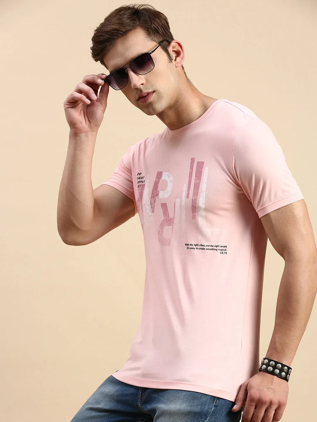 Men's Pink Typography Printed Slim Fit T-shirt Timeless Style teenagers