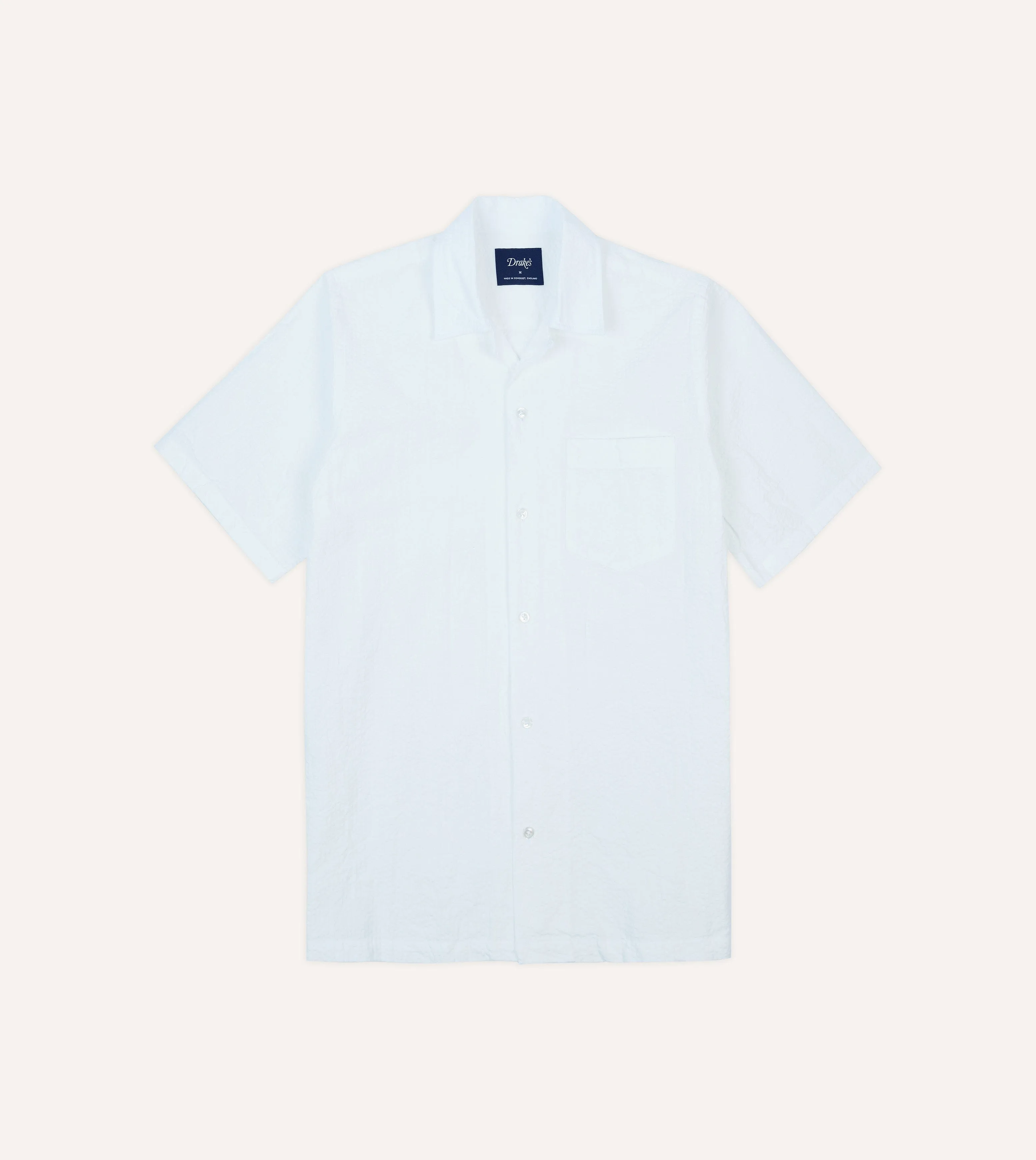 White Cotton-Linen Seersucker Camp Collar Short Sleeve Shirt Pullover