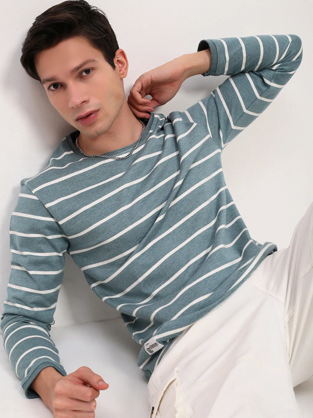 ironable Comfy and Cozy Men's Blue Striped Round Neck Cotton T-Shirt