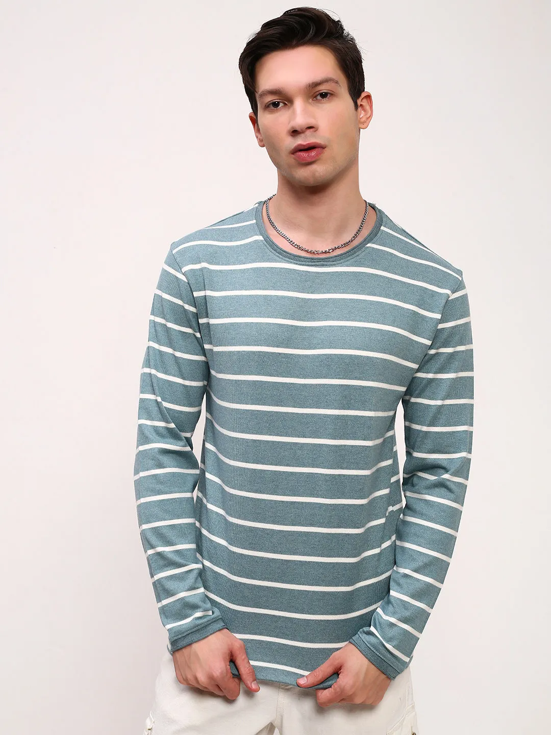 Men's Blue Striped Round Neck Cotton T-Shirt Timeless Chic