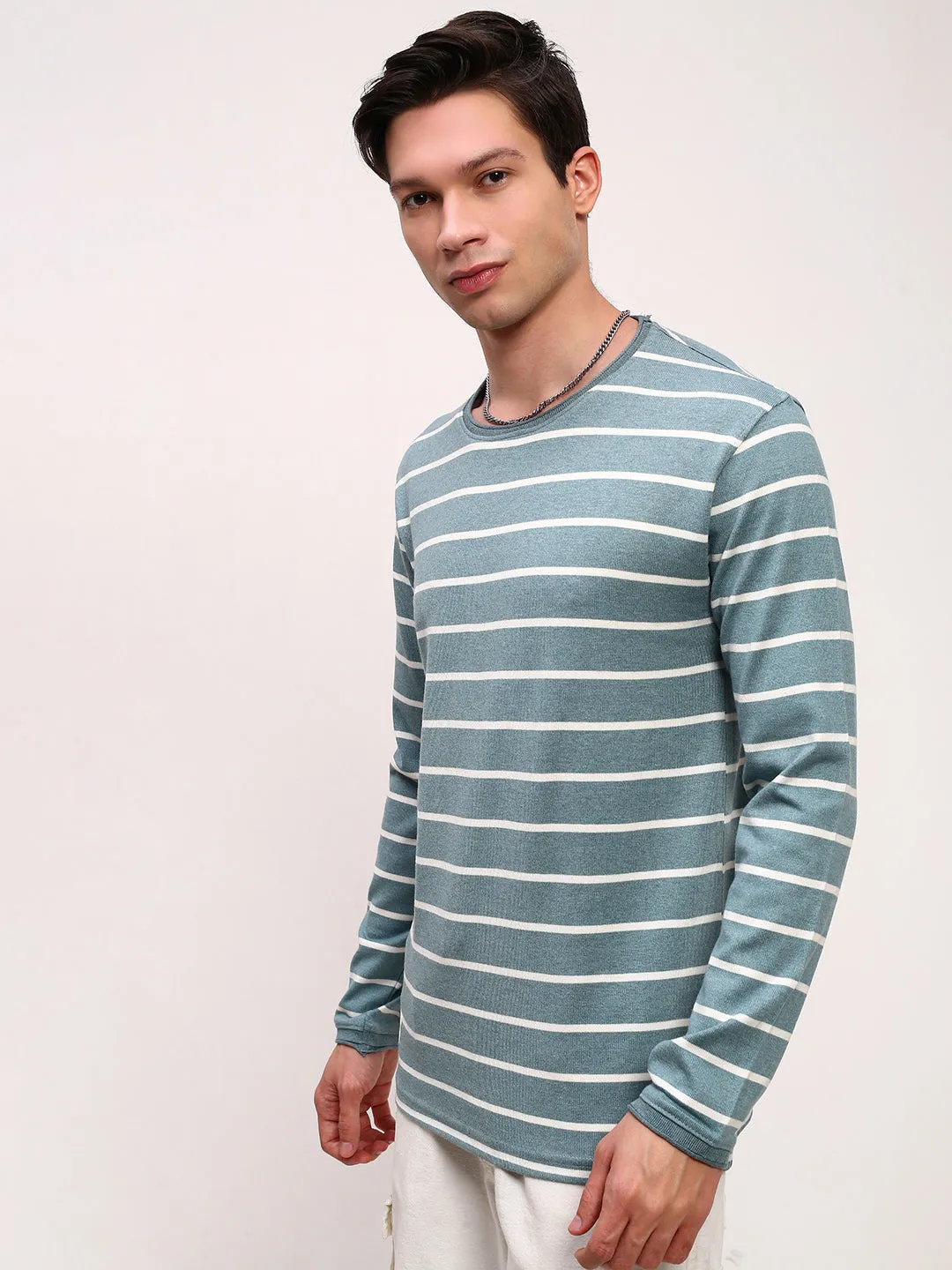 product sporty appeal Men's Blue Striped Round Neck Cotton T-Shirt