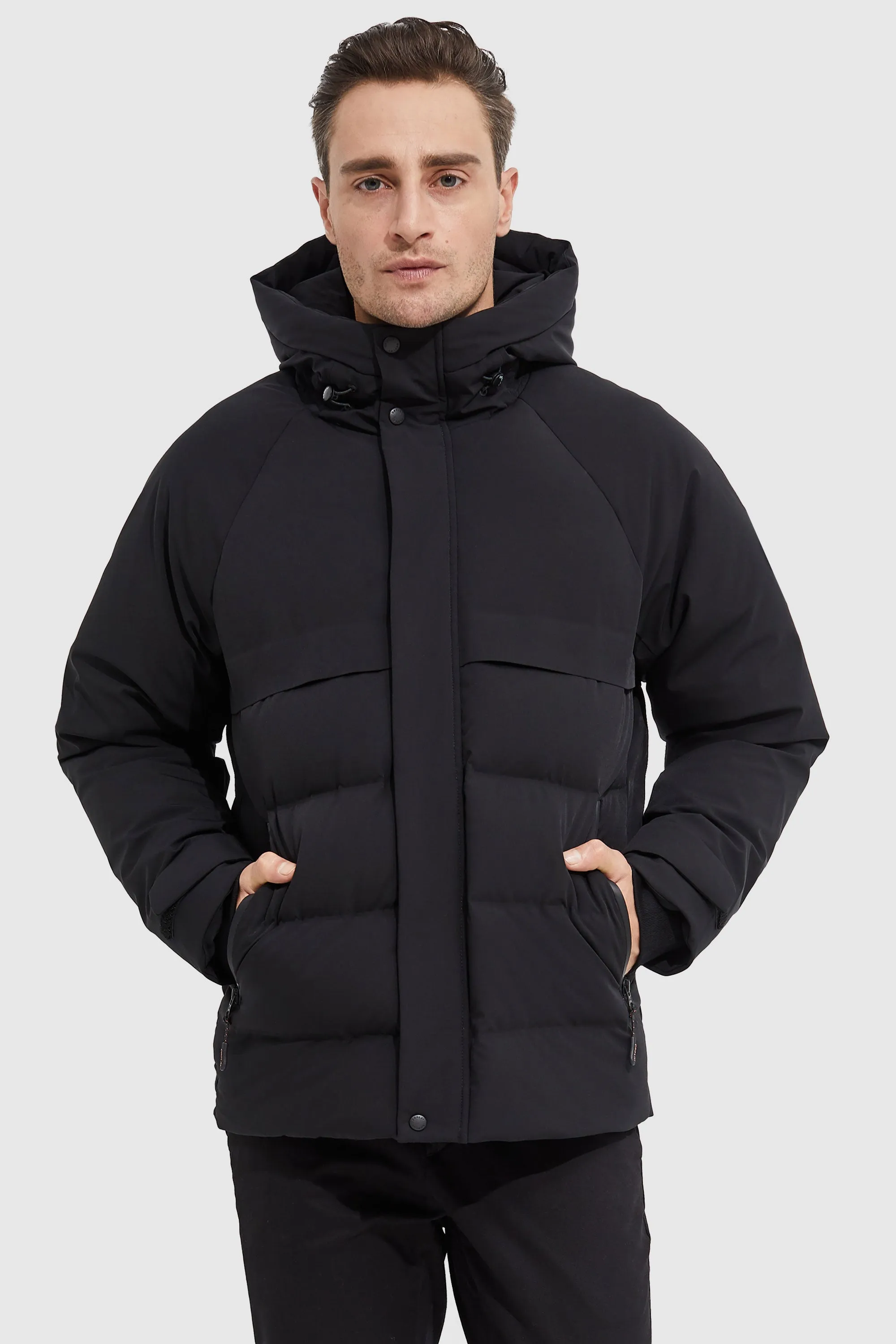 Quick Release Buckle Mechanism Full Length Zipper Closure Winter Hood Ribbed Cuff Down Jacket