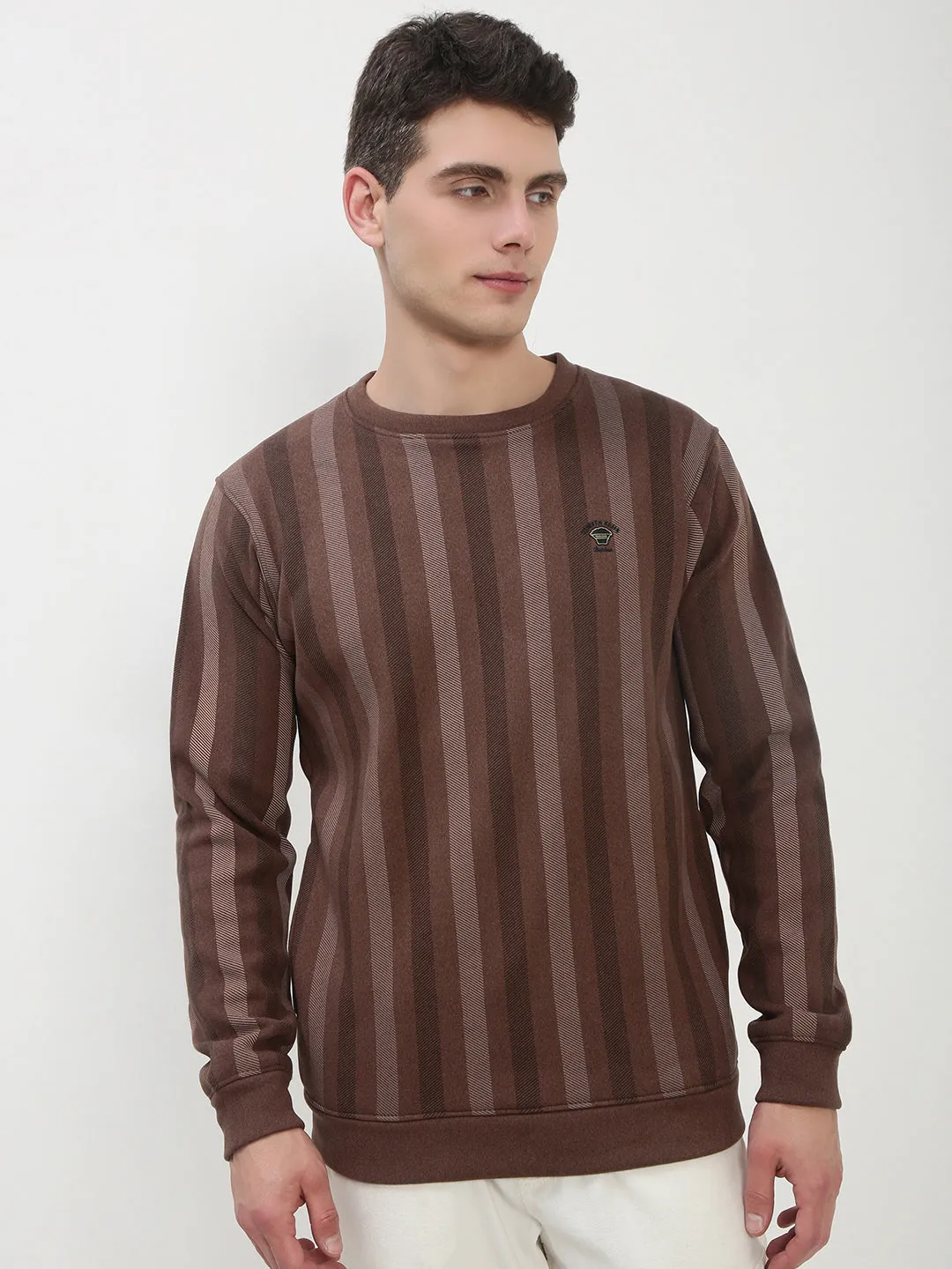 Men's Brown Striped Round Neck Casual Pullover Sweatshirt Half sleeve Camping Comfort