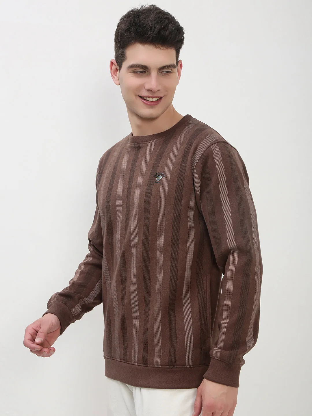 Men's Brown Striped Round Neck Casual Pullover Sweatshirt product satin lining luxury Adjustable