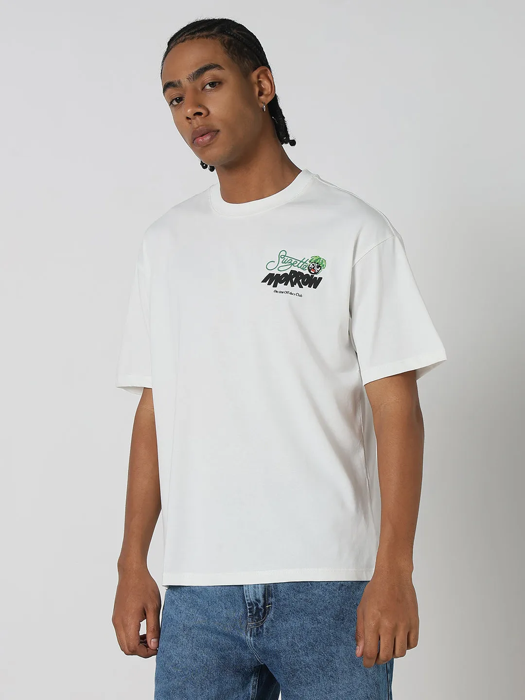 Men's Printed White Relaxed Fit T-Shirt Cyber Glow High-Waisted Pants