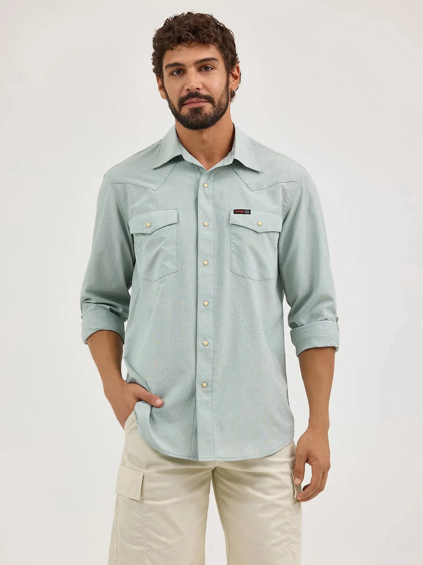 Breathable Style Durable Colorfast Finish Wrangler ATG Men's L/S Solid Western Snap Shirt in Iceberg Green