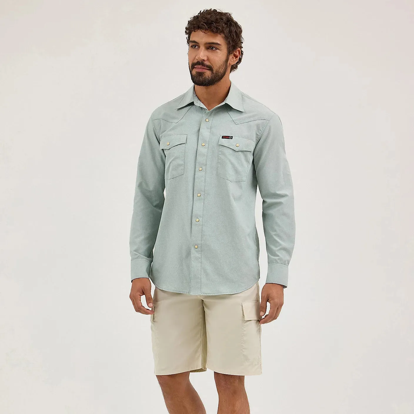 Wrangler ATG Men's L/S Solid Western Snap Shirt in Iceberg Green Breathable mesh quick dry
